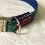 Collier pour chien Savane sangle en nylon bleue et tissus 100% coton motifs verts, cousu main et made in france by Pawm